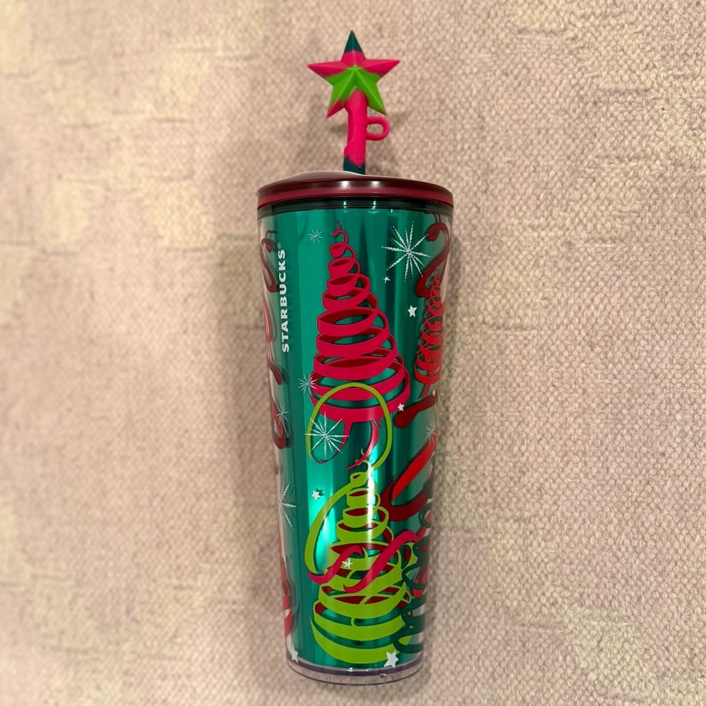 Starbucks Christmas Ribbon Trees & Silicone Star Straw Topper Tumbler
